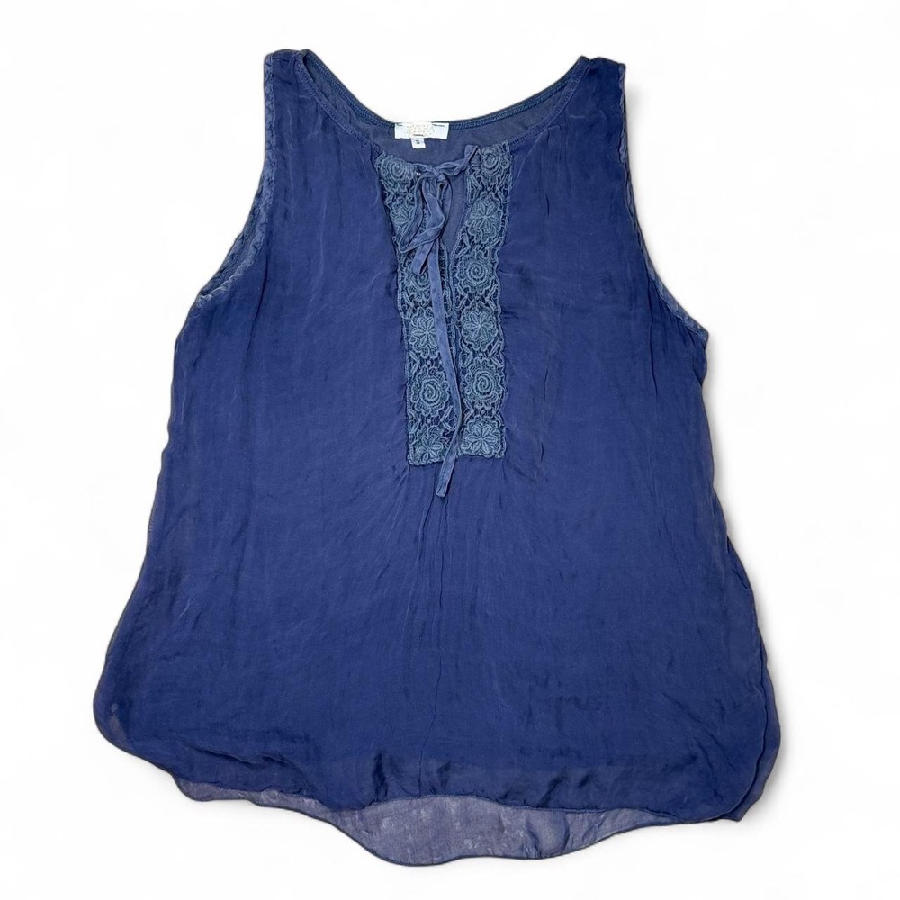 KEYSHA Italy 100% Silk Lace Trim Tie Front Tank Top Navy Blue Sz S Summer Boho